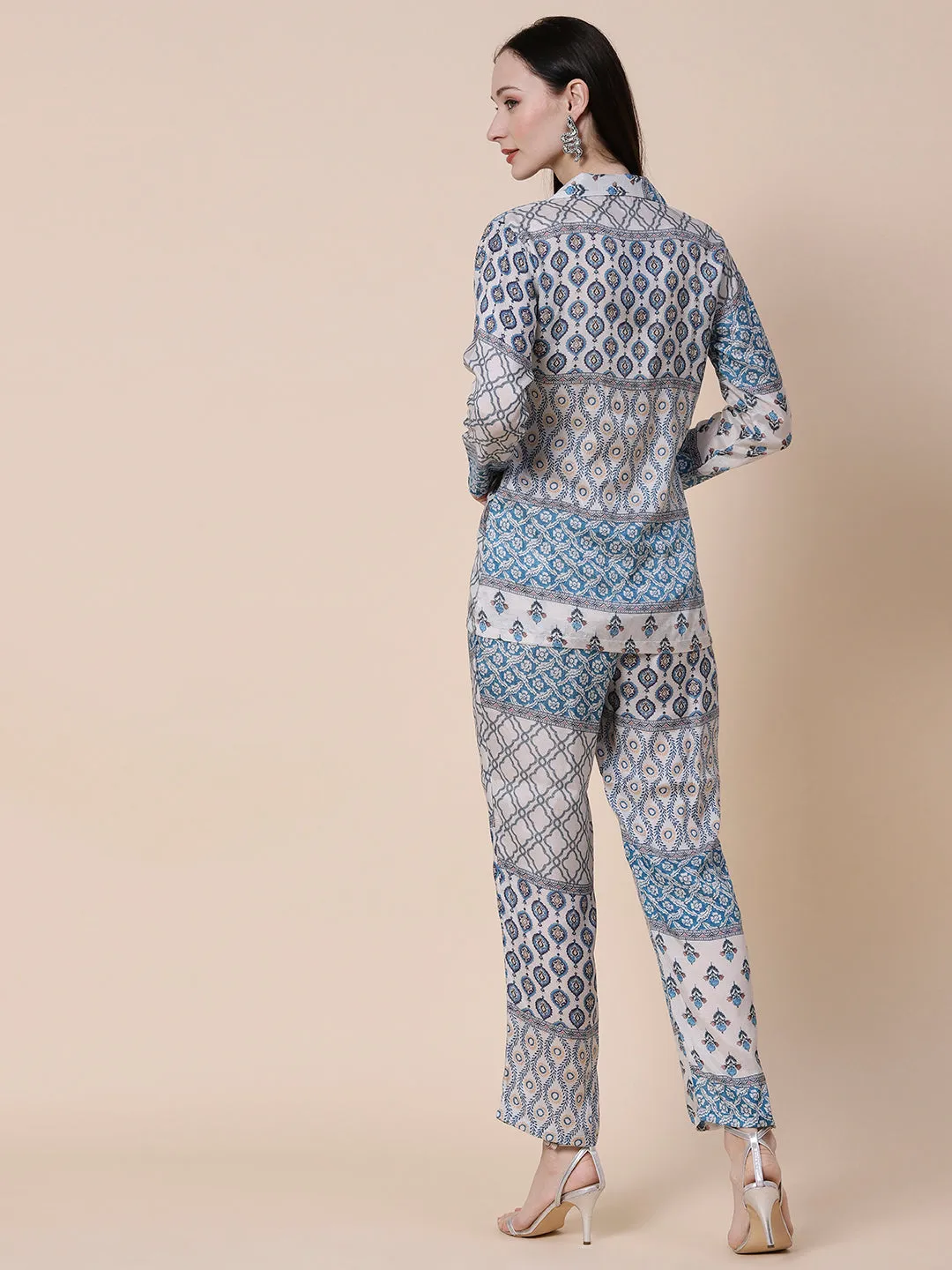Ethnic, Floral & Abstract Printed Metal Brooches Embellished Shirt With Pants Co-ord Set - White & Blue