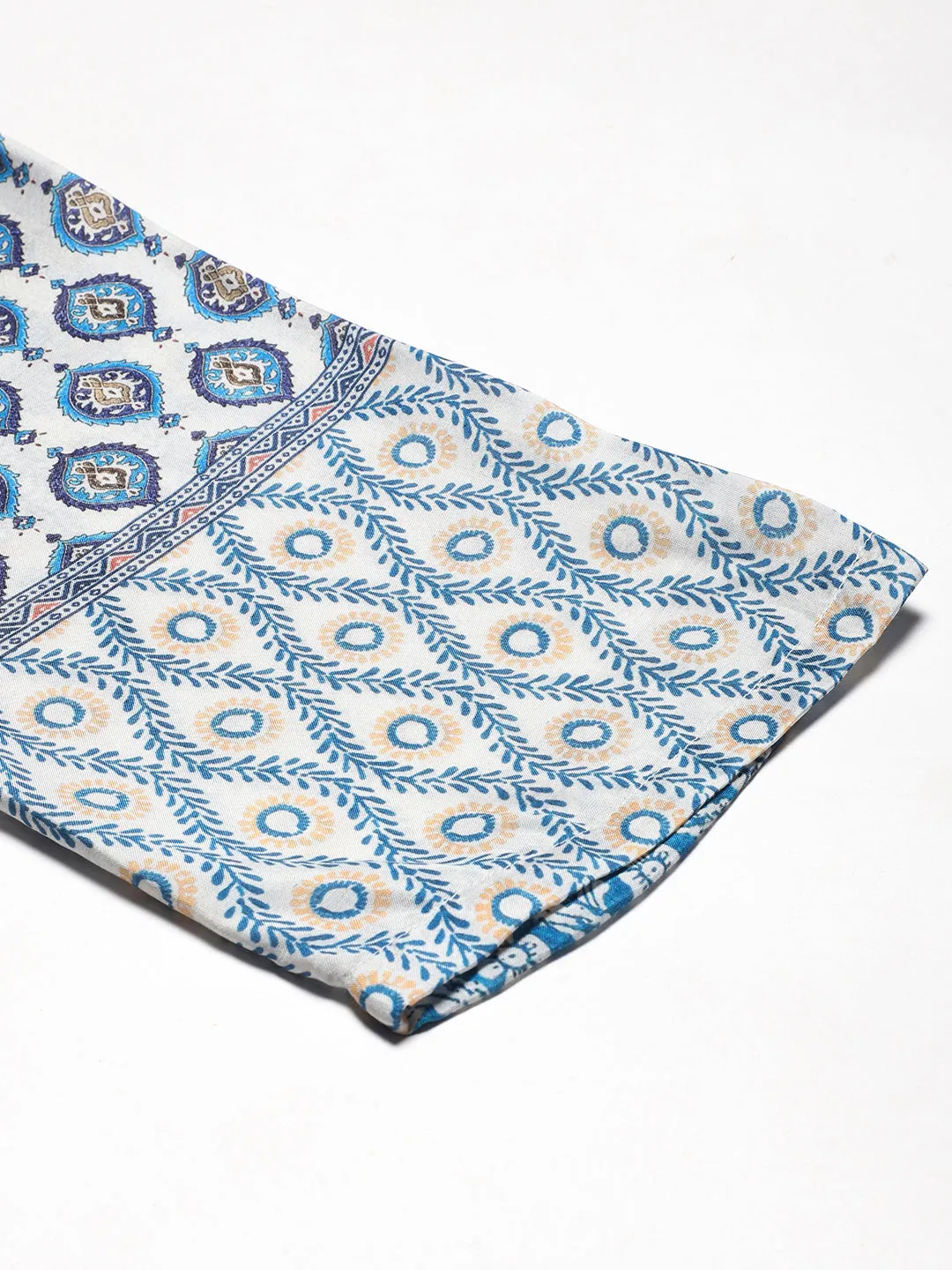 Ethnic, Floral & Abstract Printed Metal Brooches Embellished Shirt With Pants Co-ord Set - White & Blue