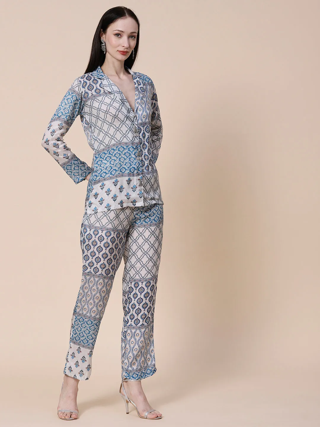 Ethnic, Floral & Abstract Printed Metal Brooches Embellished Shirt With Pants Co-ord Set - White & Blue