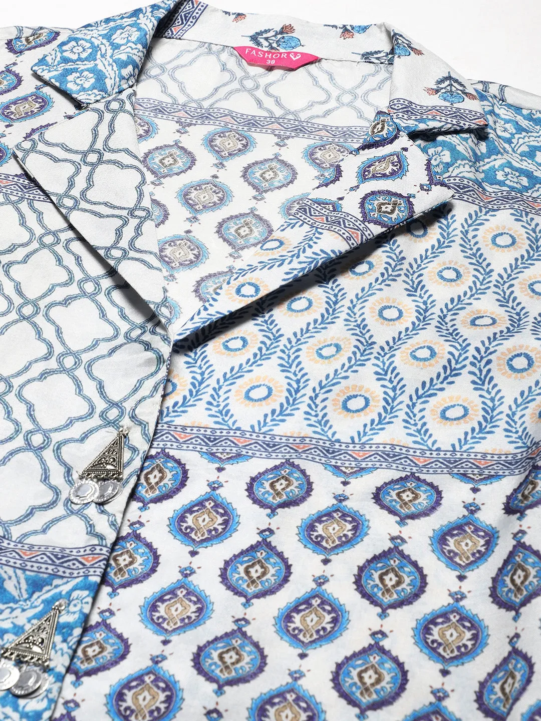 Ethnic, Floral & Abstract Printed Metal Brooches Embellished Shirt With Pants Co-ord Set - White & Blue