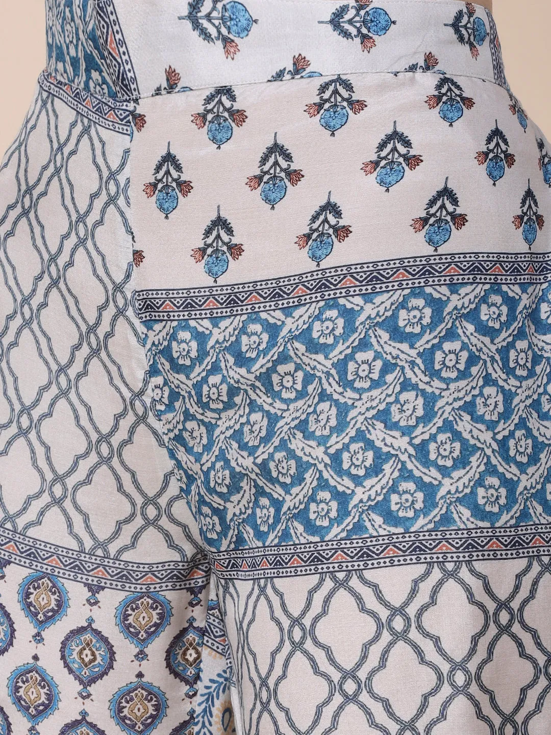 Ethnic, Floral & Abstract Printed Metal Brooches Embellished Shirt With Pants Co-ord Set - White & Blue