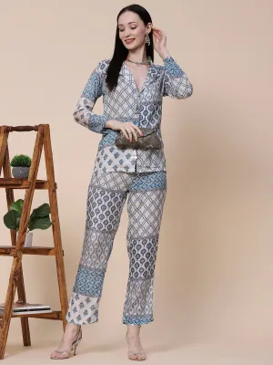 Ethnic, Floral & Abstract Printed Metal Brooches Embellished Shirt With Pants Co-ord Set - White & Blue
