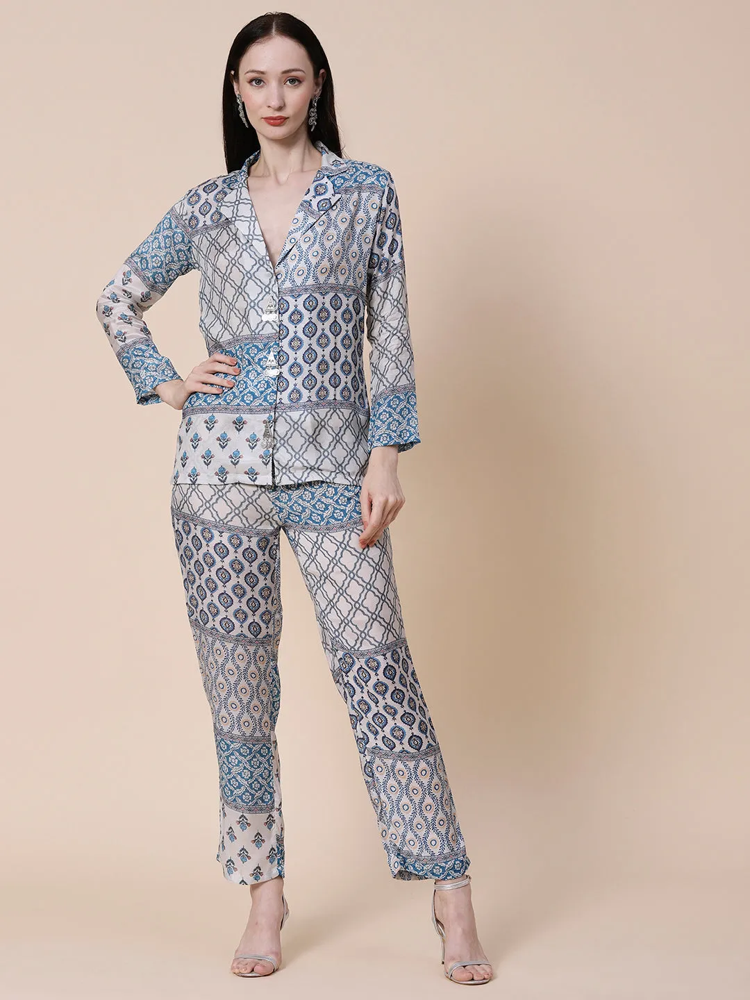 Ethnic, Floral & Abstract Printed Metal Brooches Embellished Shirt With Pants Co-ord Set - White & Blue