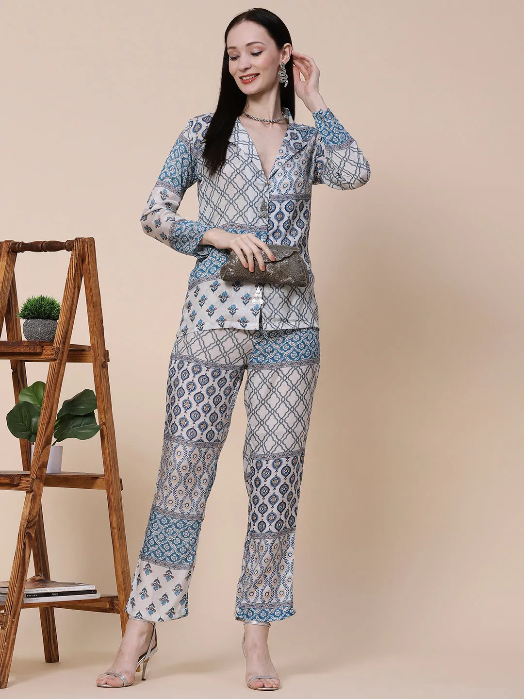 Ethnic, Floral & Abstract Printed Metal Brooches Embellished Shirt With Pants Co-ord Set - White & Blue