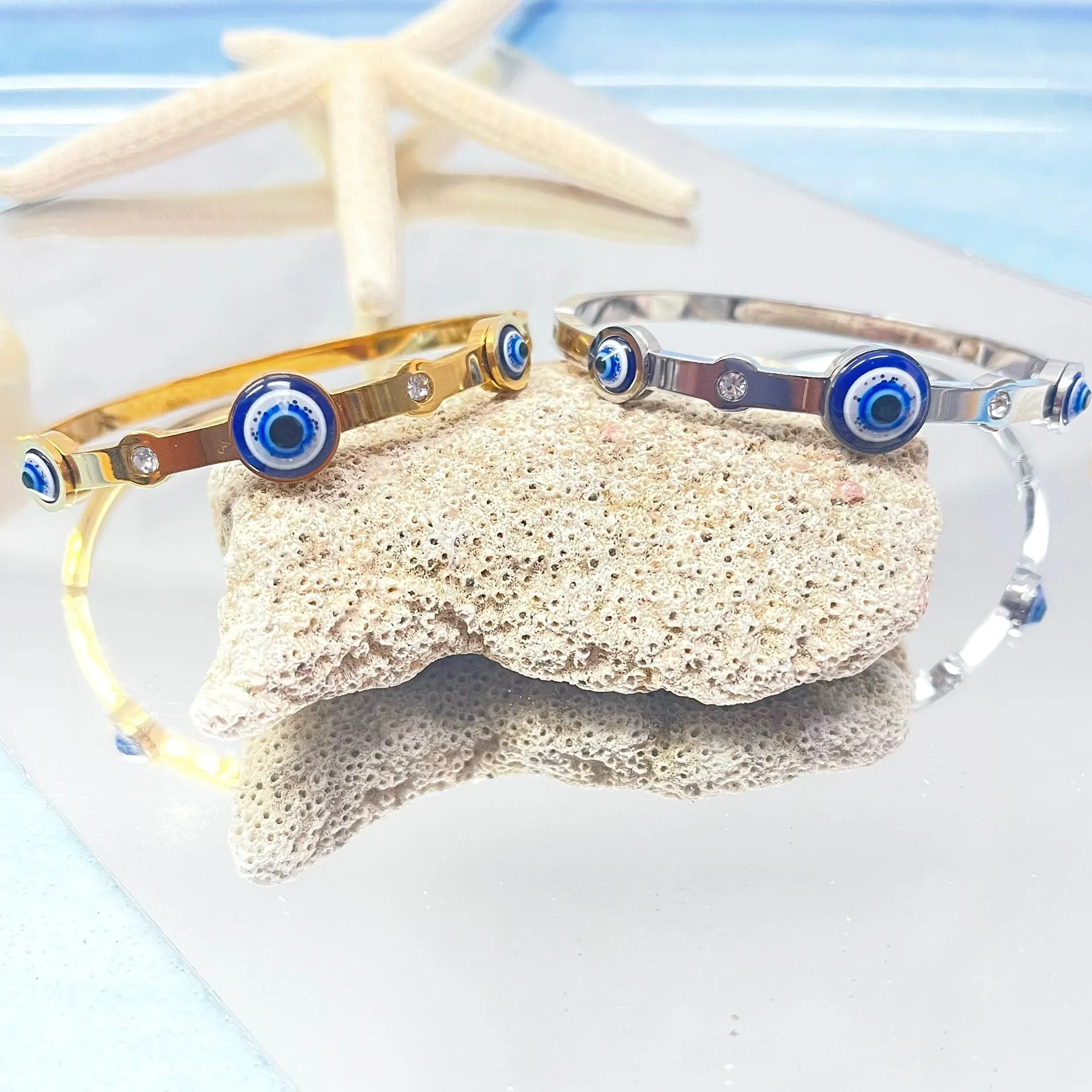Evil Eye Thin Gold Bangle
