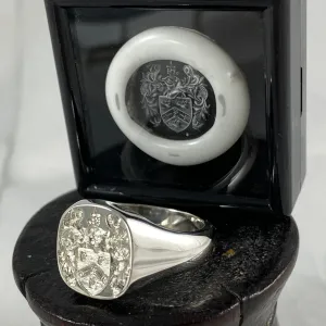 Family Coat of Arms Seal Engraved 14mm x 13mm  -  Sterling Silver Signet Ring