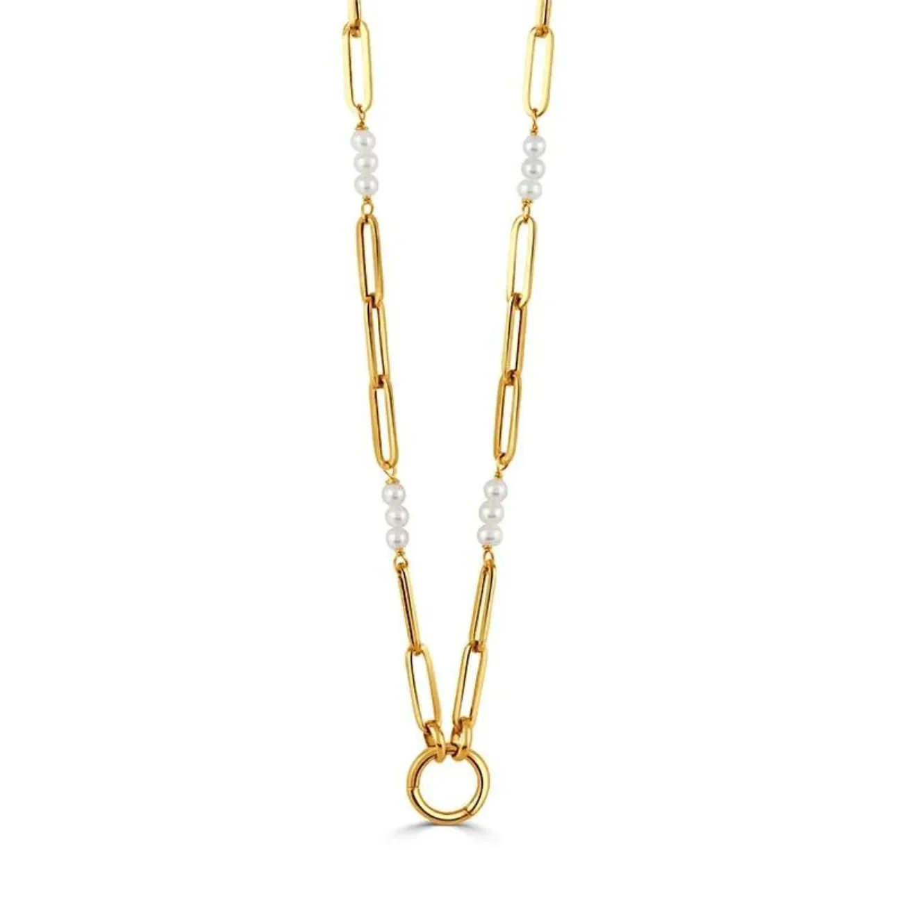 Fancy 18K Yellow Gold Mixed Oval Link and Pearl Chain Necklace