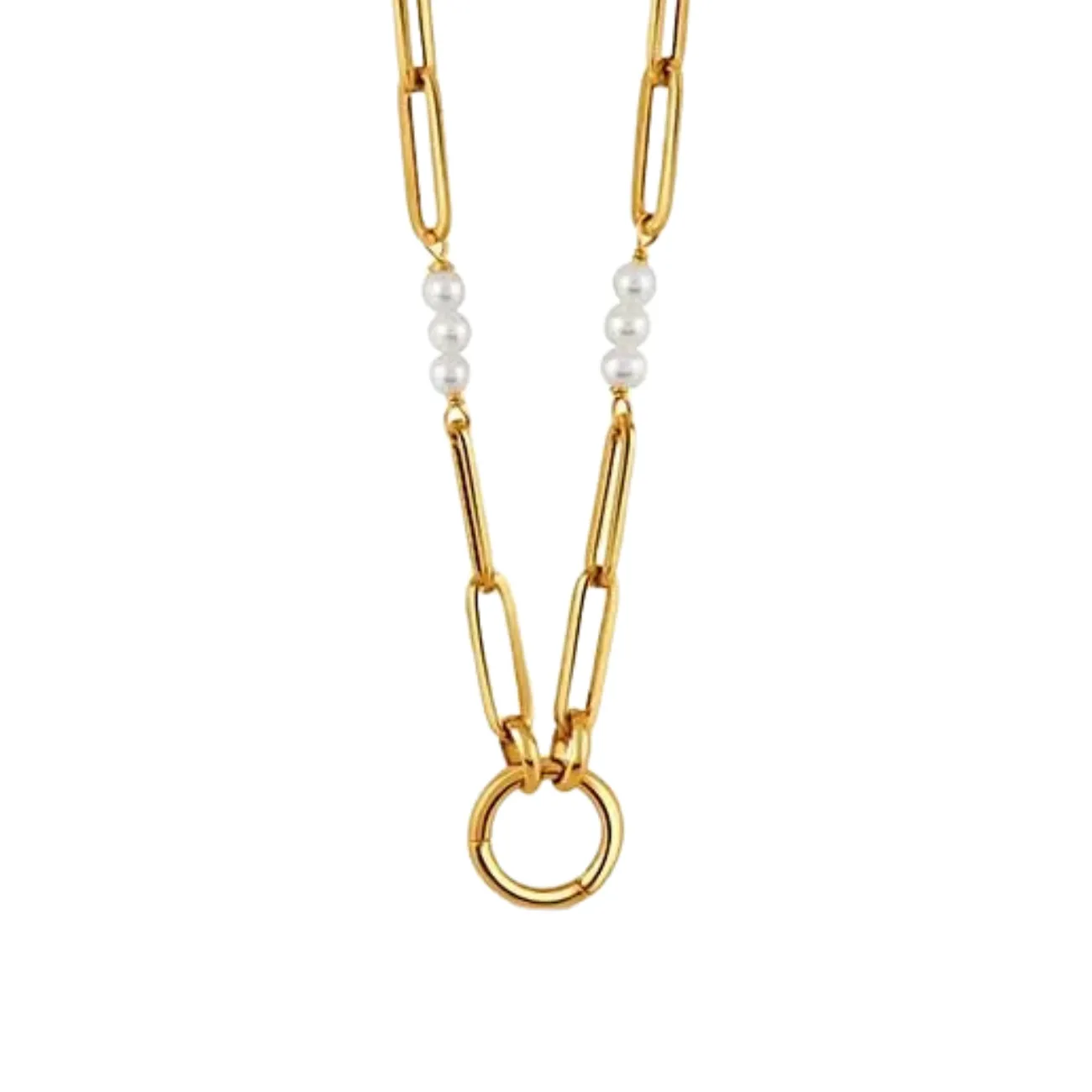 Fancy 18K Yellow Gold Mixed Oval Link and Pearl Chain Necklace