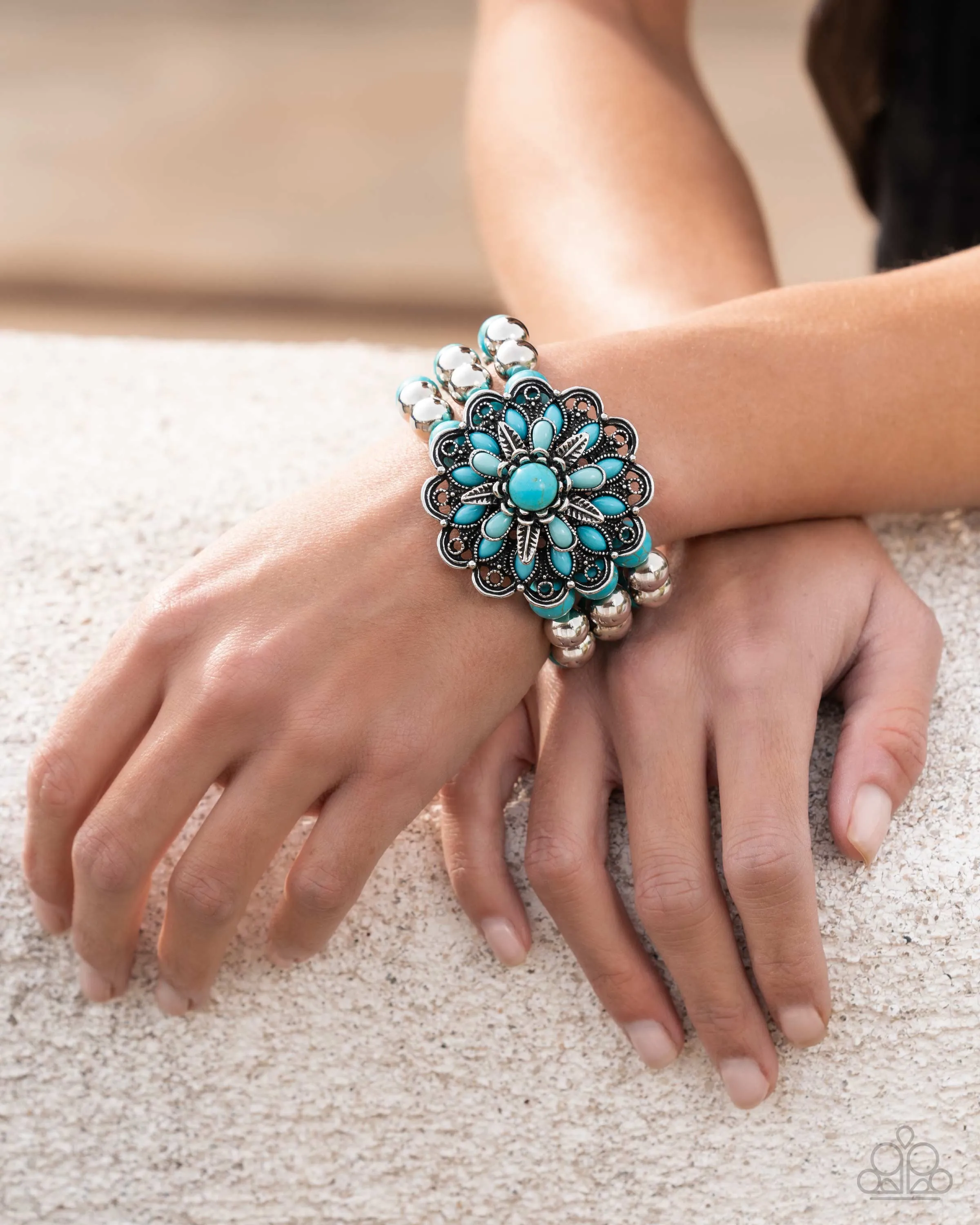 Floral Figment - Blue - Turquoise Stone Flower Paparazzi Stretchy Bracelet - 2025 Empower Me Pink Exclusive