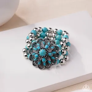 Floral Figment - Blue - Turquoise Stone Flower Paparazzi Stretchy Bracelet - 2025 Empower Me Pink Exclusive