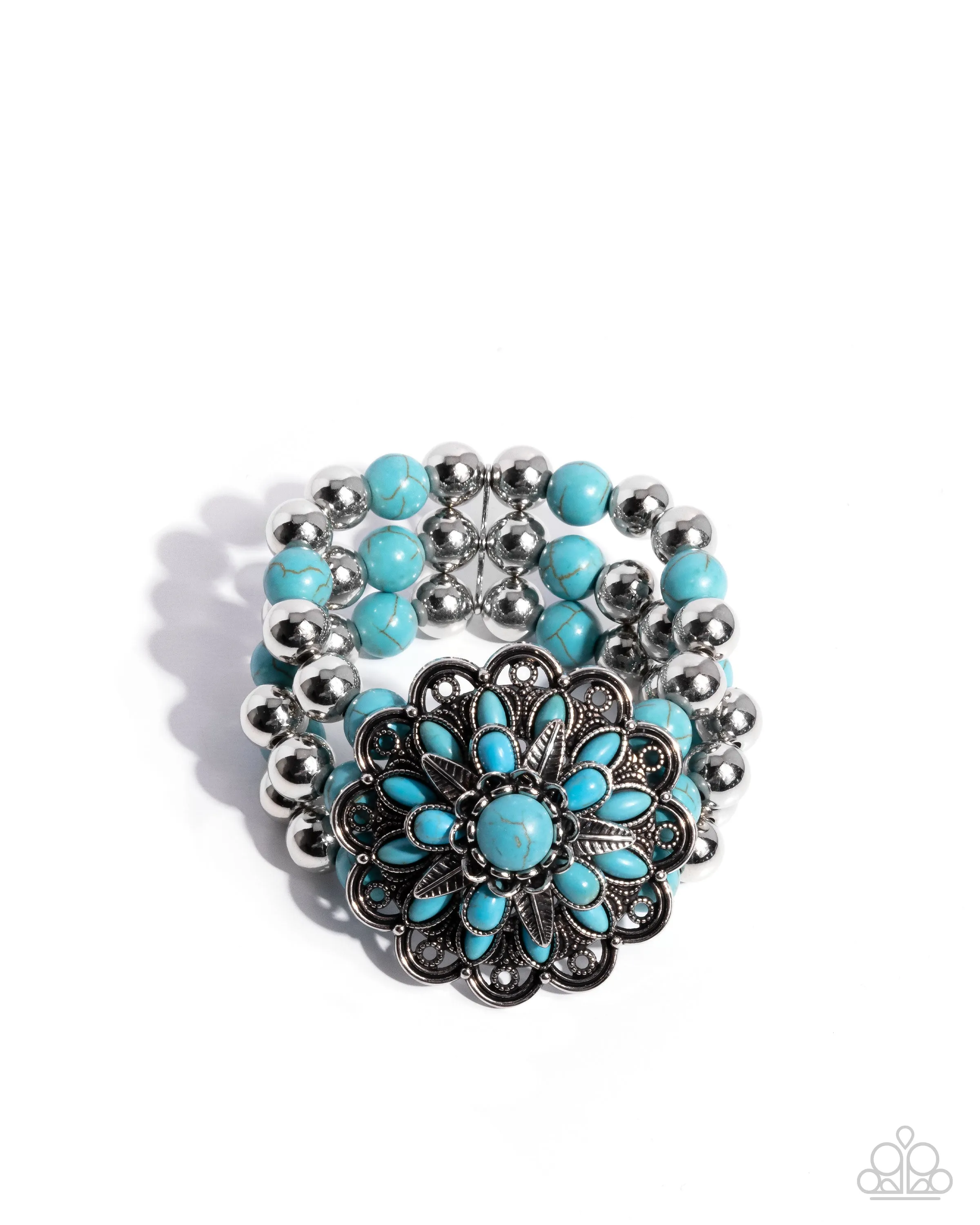 Floral Figment - Blue - Turquoise Stone Flower Paparazzi Stretchy Bracelet - 2025 Empower Me Pink Exclusive