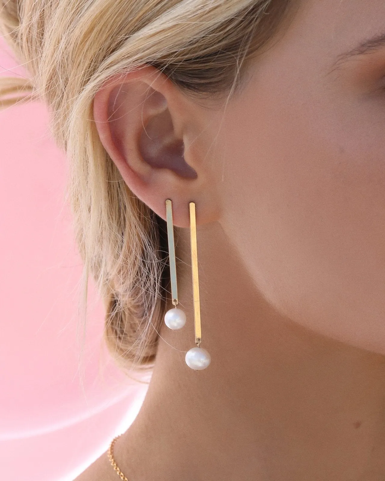 Freshwater Pearl Bar Earrings  - 14k Yellow Gold Fill