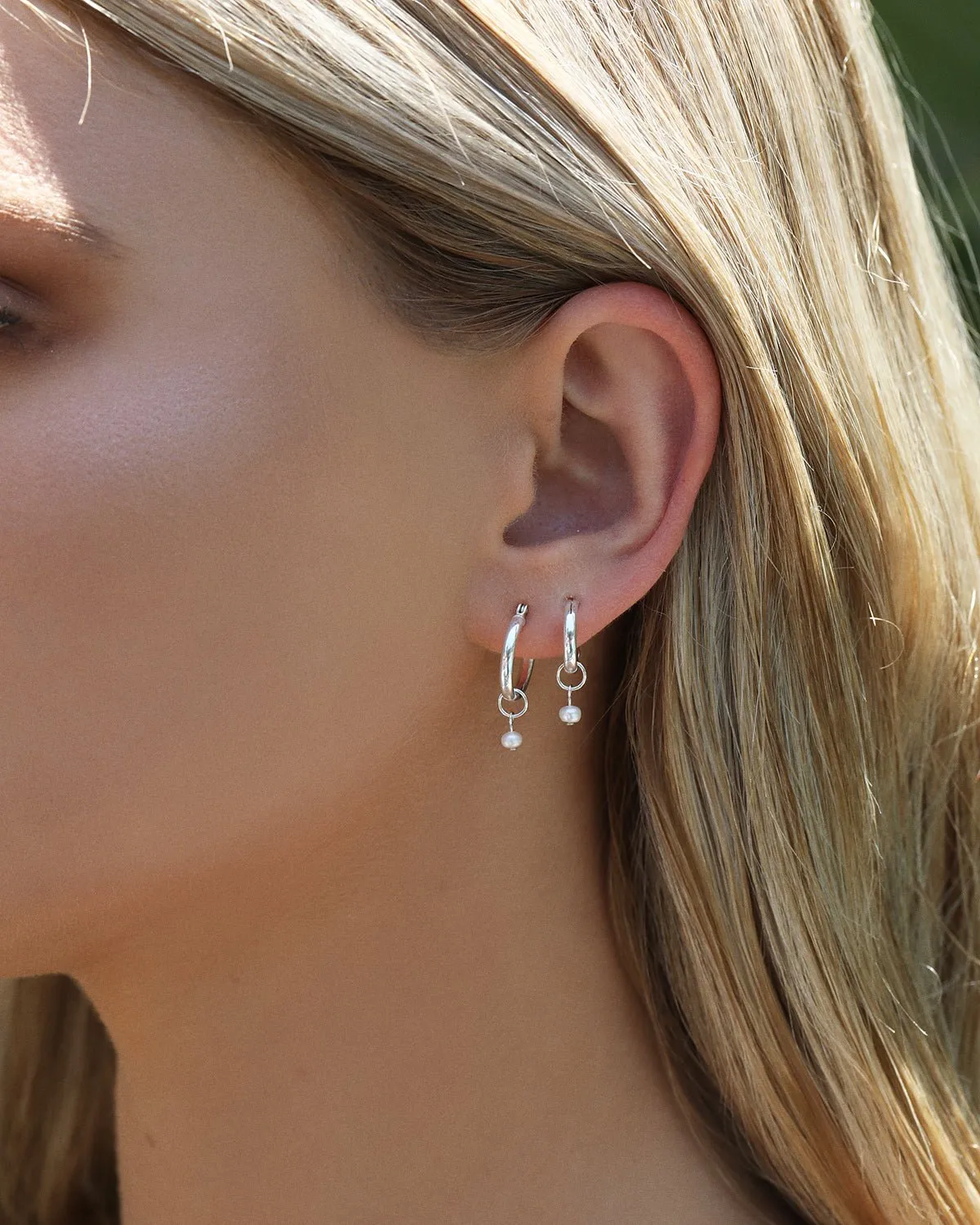 Freshwater Pearl Thick Hoop Earrings - Sterling Silver