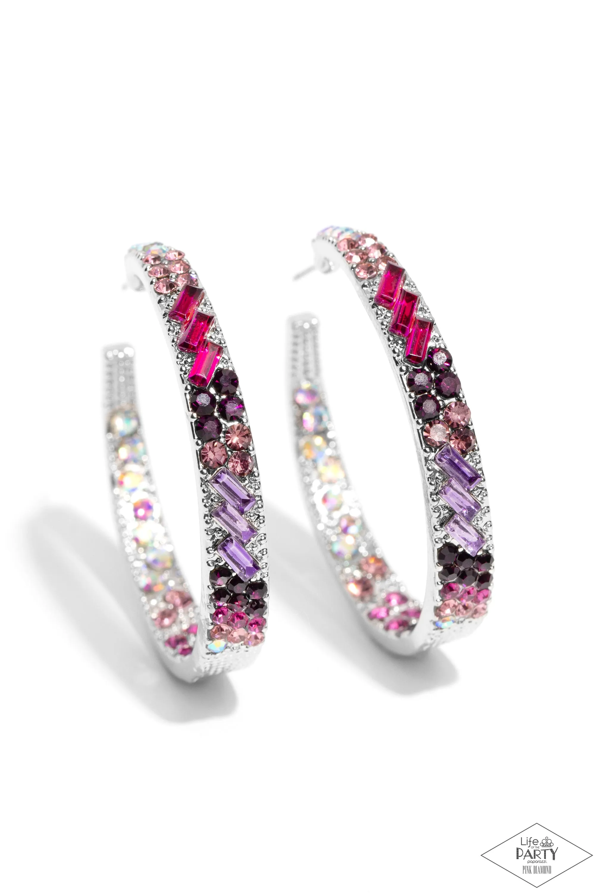 GLITZY By Association - Multi - Iridescent, Pink, and Purple Rhinestone Paparazzi Hoop Earrings - Pink Diamond Exclusive