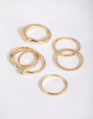 Gold Plated Molten Diamante Ring 6-Pack