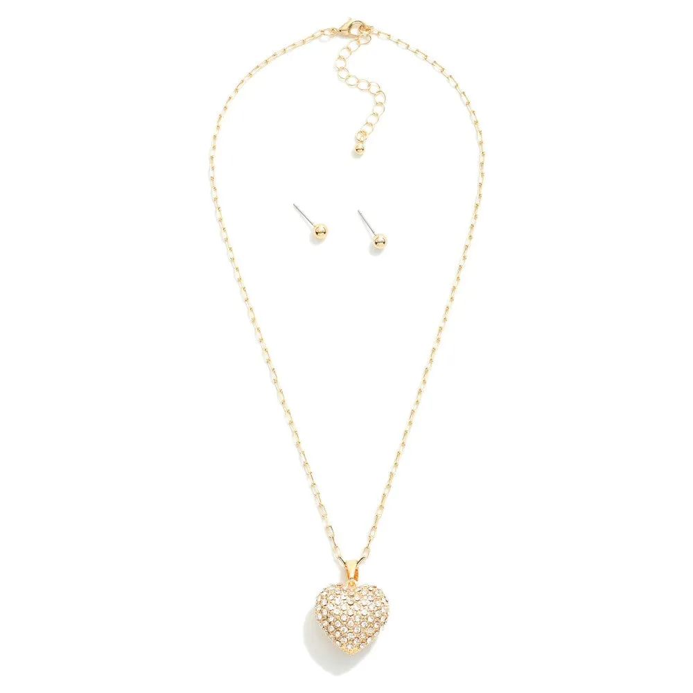 Gold Puffy Rhinestone Heart Pendant Necklace