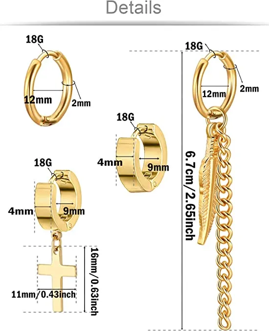 Gold Stainless Steel Cross Earrings Set