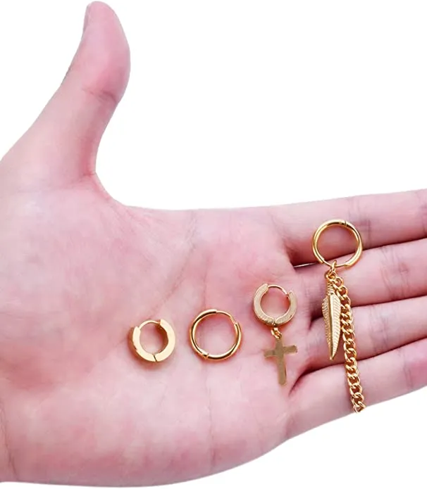 Gold Stainless Steel Cross Earrings Set