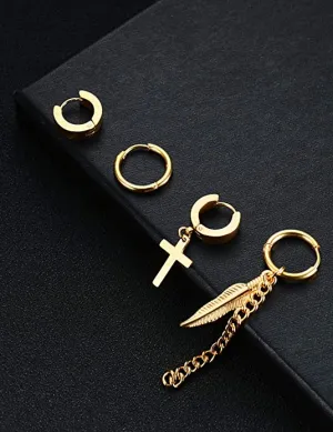 Gold Stainless Steel Cross Earrings Set