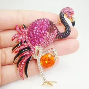 Gold-Tone Elegant Pink Flamingo Bird Brooch Pin Austrians Crystal Woman Jewelry