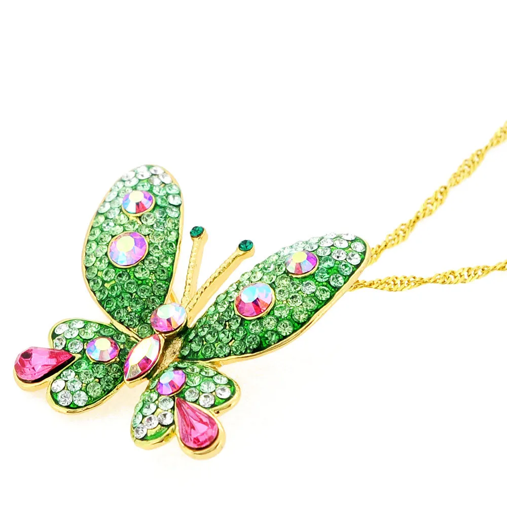 Green and Pink Butterfly Crystal Pin Brooches