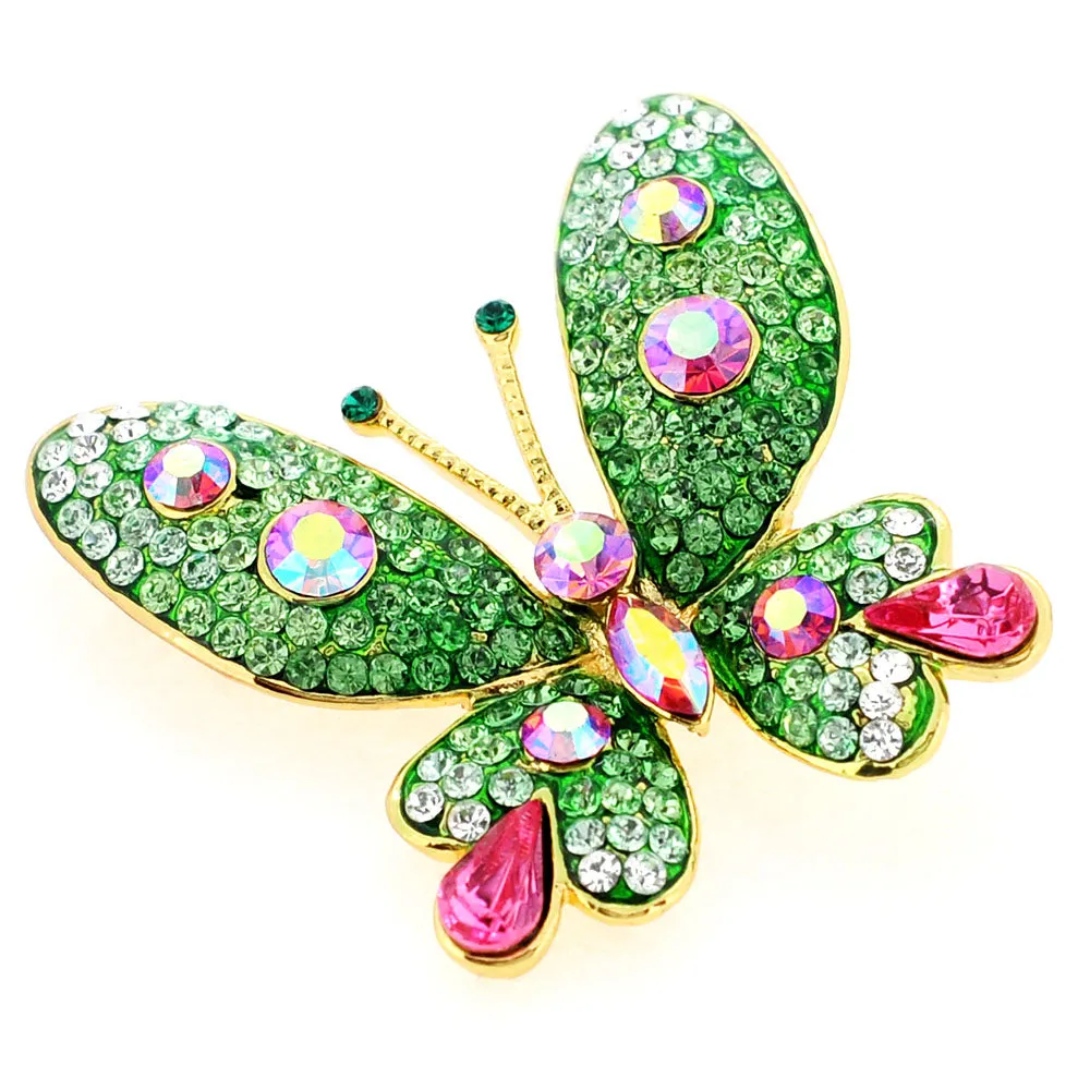 Green and Pink Butterfly Crystal Pin Brooches