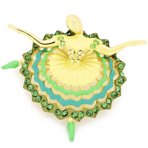 Green Dress Ballet Girl Swarovski Crystal Pin Brooch