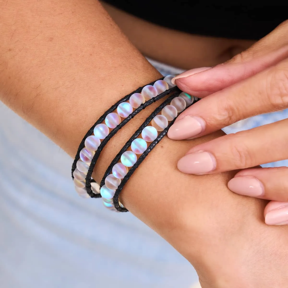 Grey | Mermaid Glass | Black Linen Wrap Bracelet