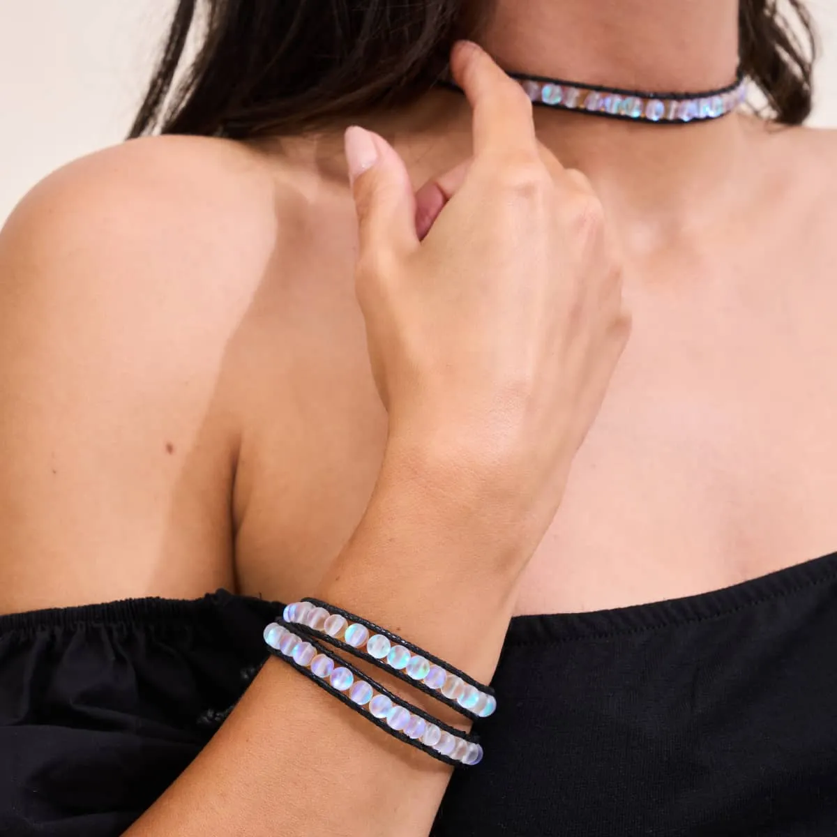 Grey | Mermaid Glass | Black Linen Wrap Bracelet