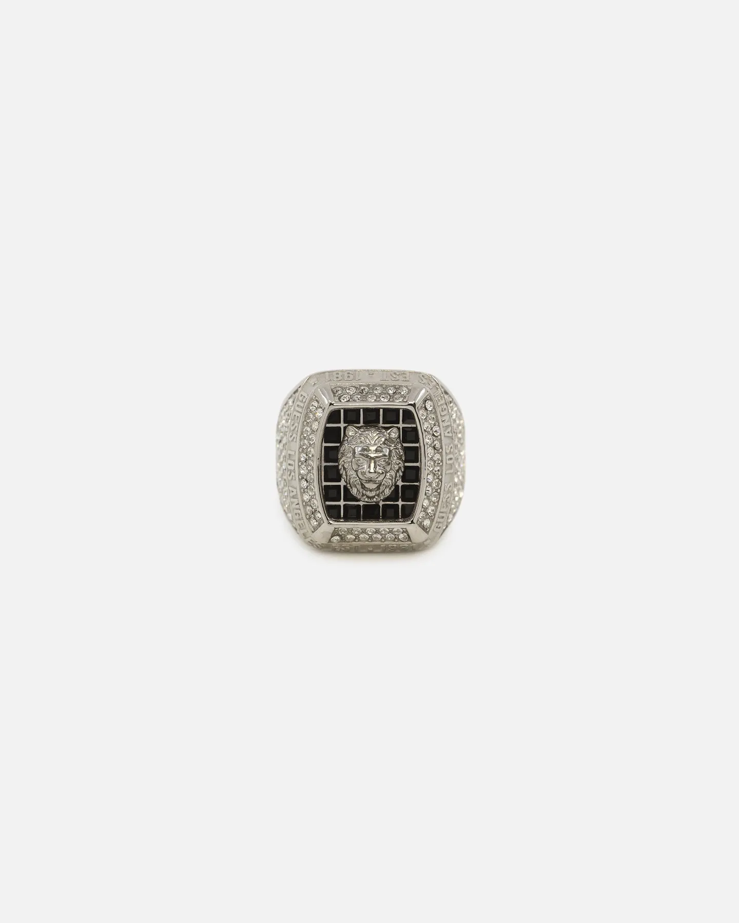 Guess Mainline 14mm Lion Pave Signet Ring Silver