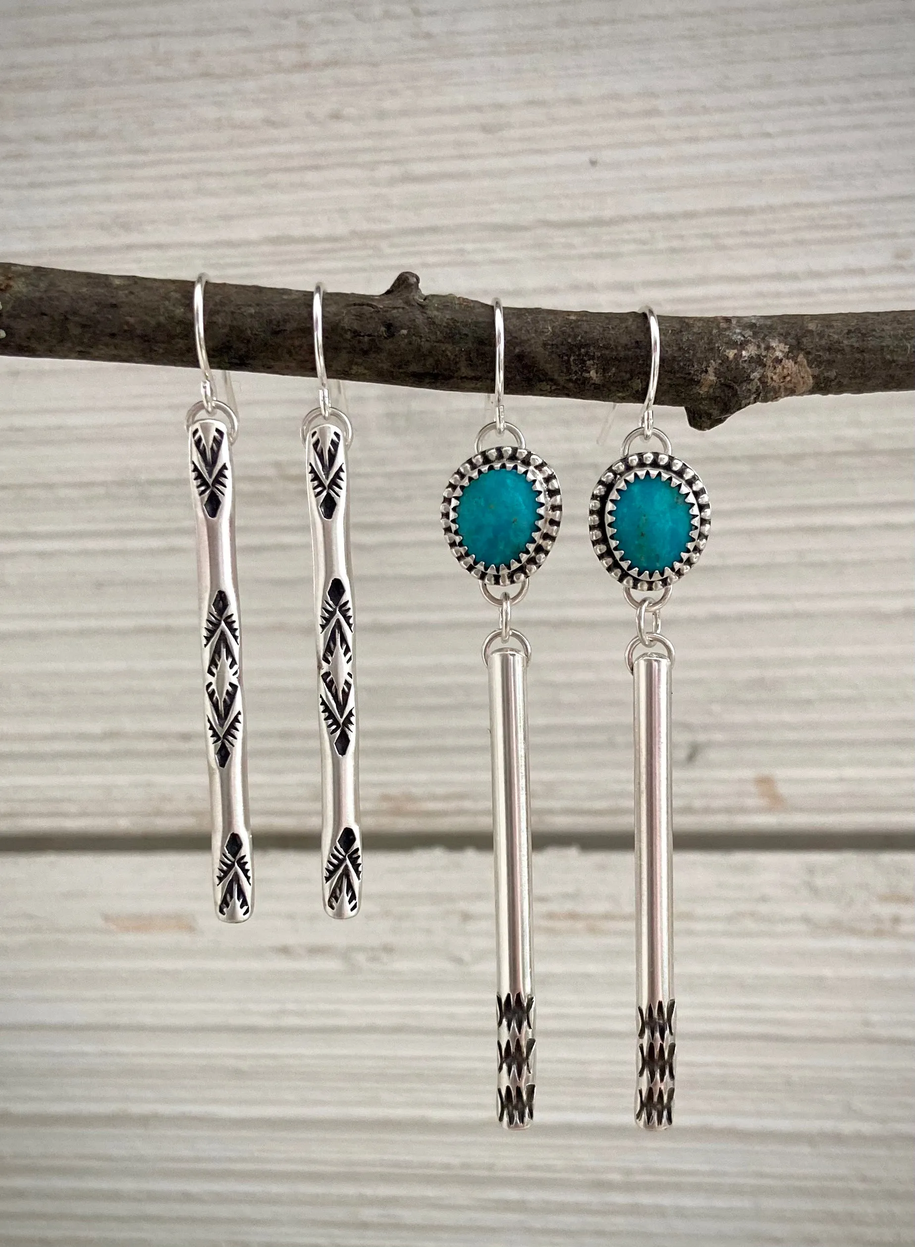 Hand Stamped Kingman Turquoise Bar Earrings~