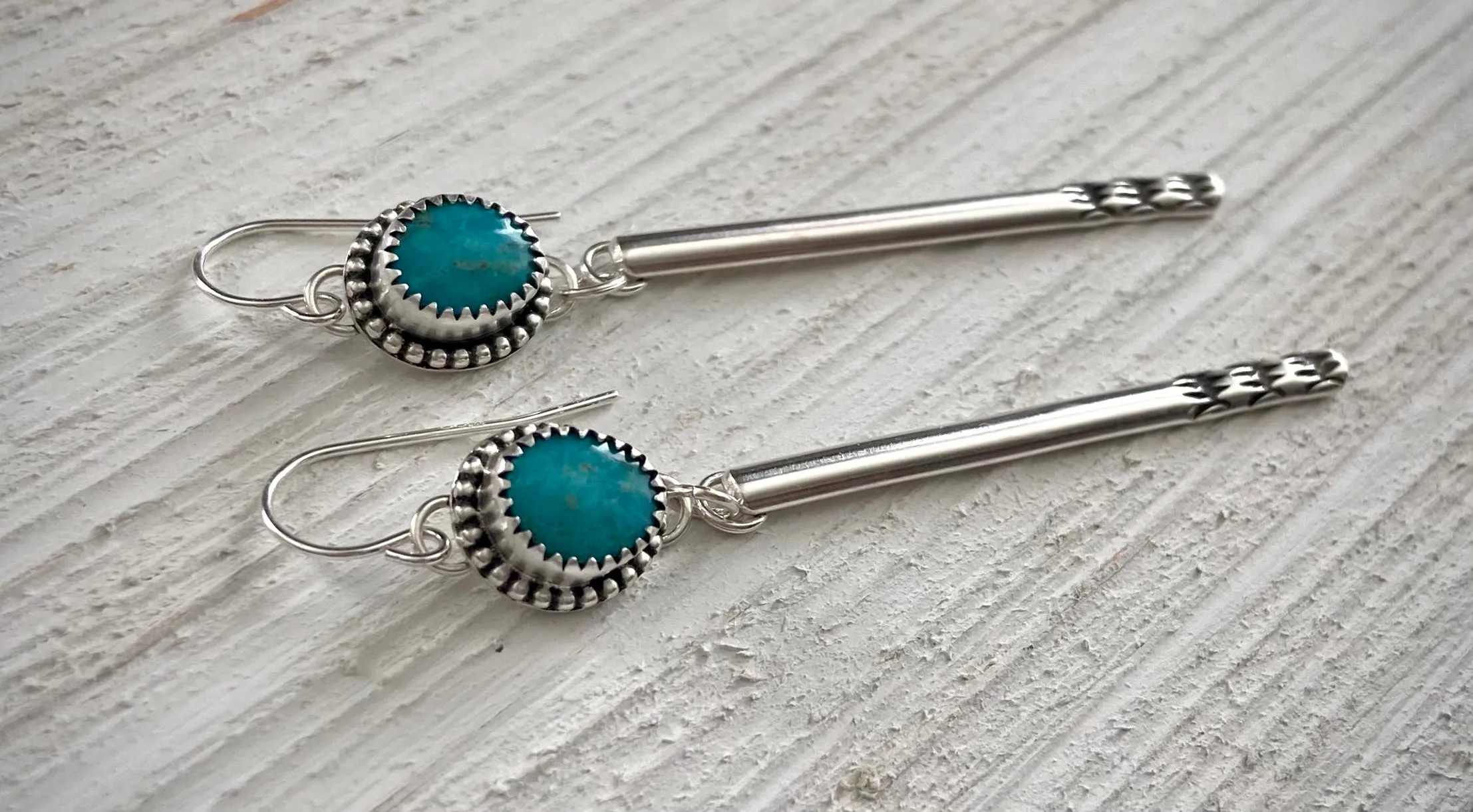Hand Stamped Kingman Turquoise Bar Earrings~