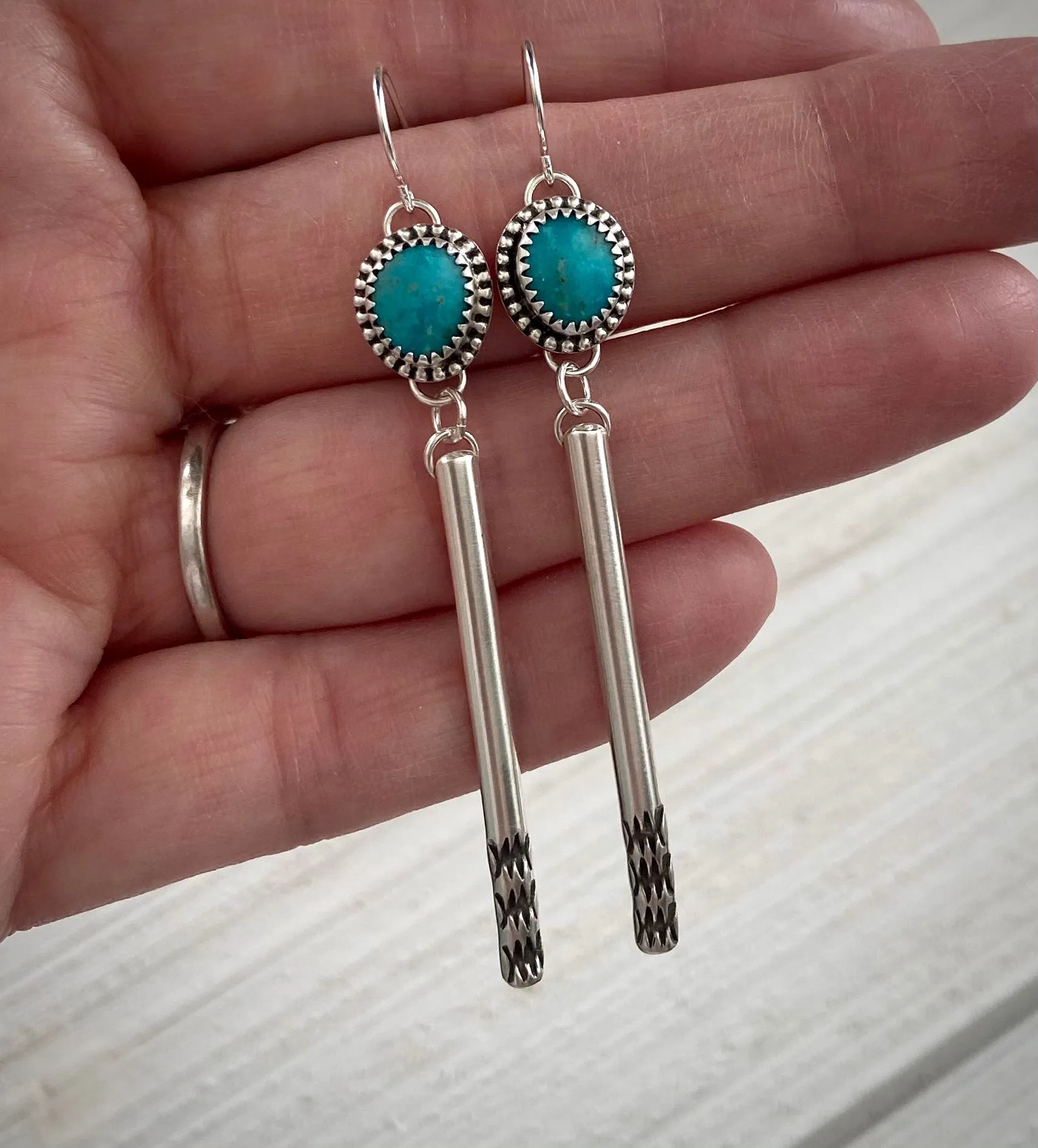 Hand Stamped Kingman Turquoise Bar Earrings~