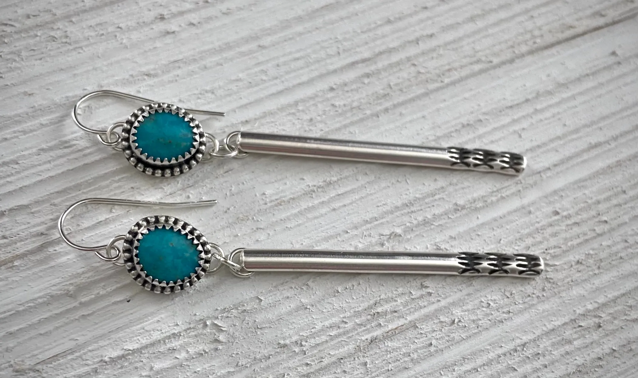 Hand Stamped Kingman Turquoise Bar Earrings~