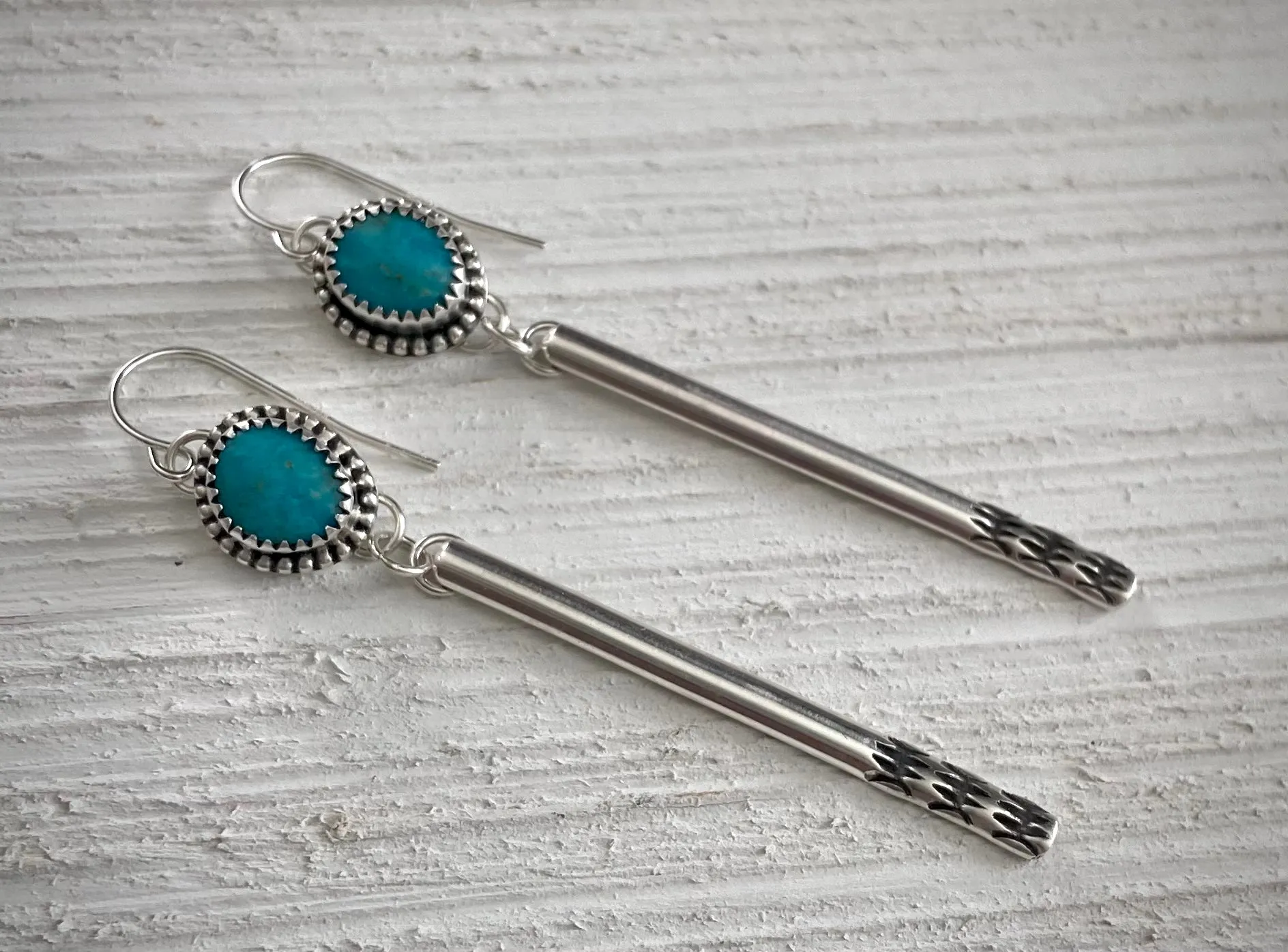 Hand Stamped Kingman Turquoise Bar Earrings~