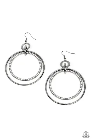 Haute Hysteria - Black - White Rhinestone Gunmetal Hoops Paparazzi Fishhook Earrings
