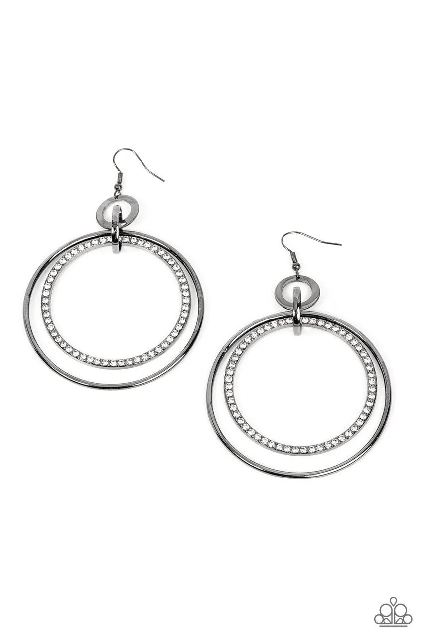 Haute Hysteria - Black - White Rhinestone Gunmetal Hoops Paparazzi Fishhook Earrings