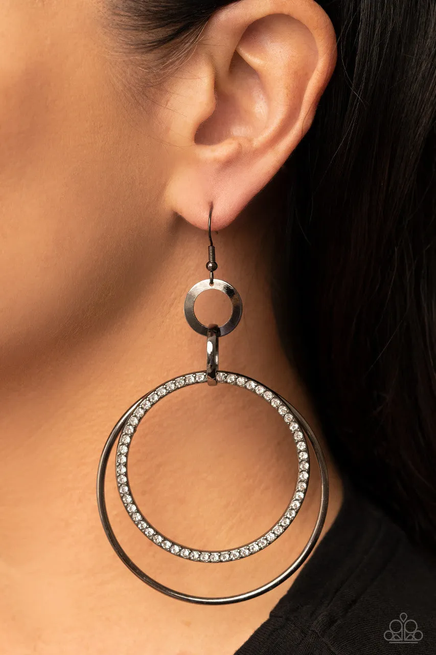 Haute Hysteria - Black - White Rhinestone Gunmetal Hoops Paparazzi Fishhook Earrings