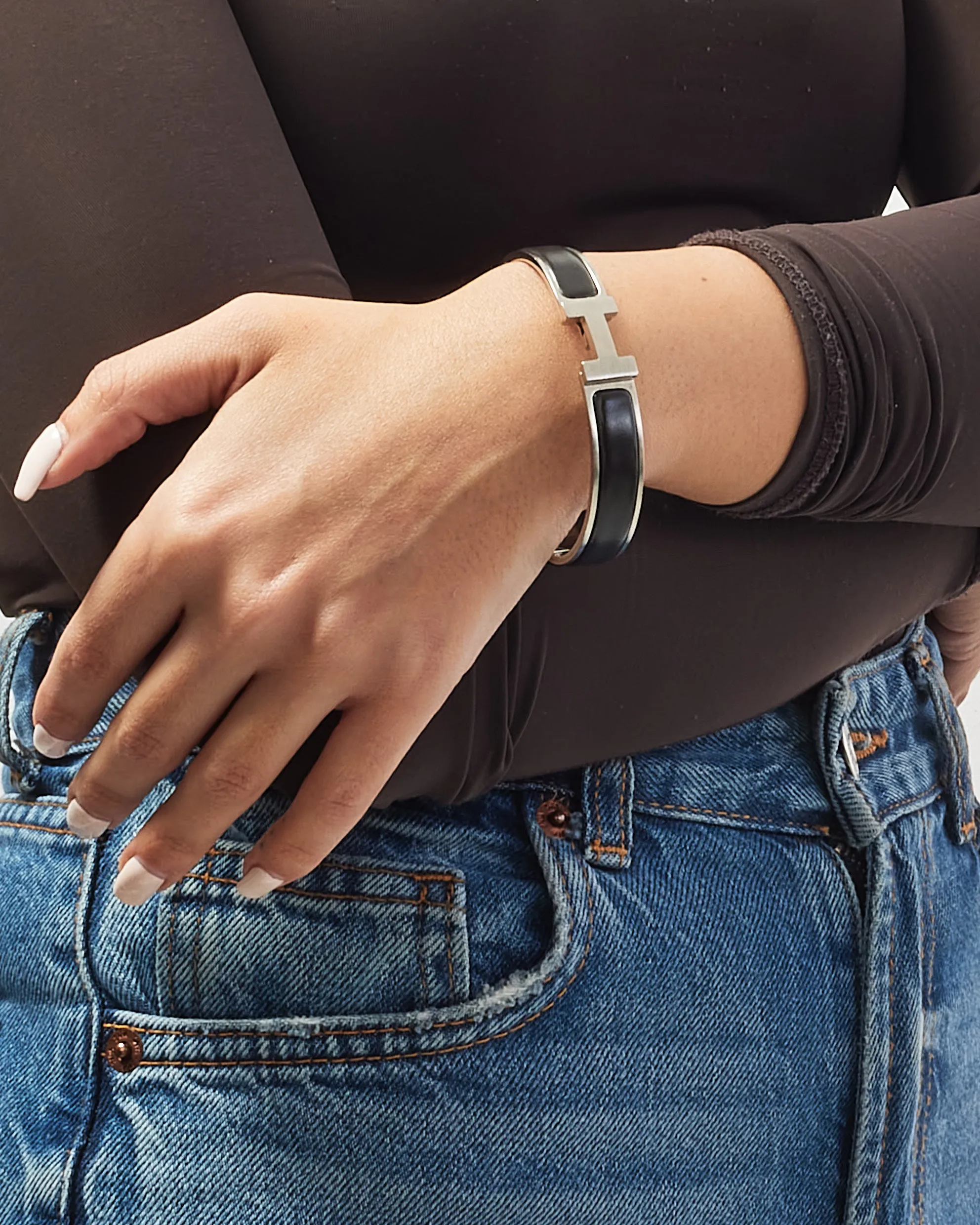 Hermès Black & Silver Thin Clic Clac Bracelet - GM