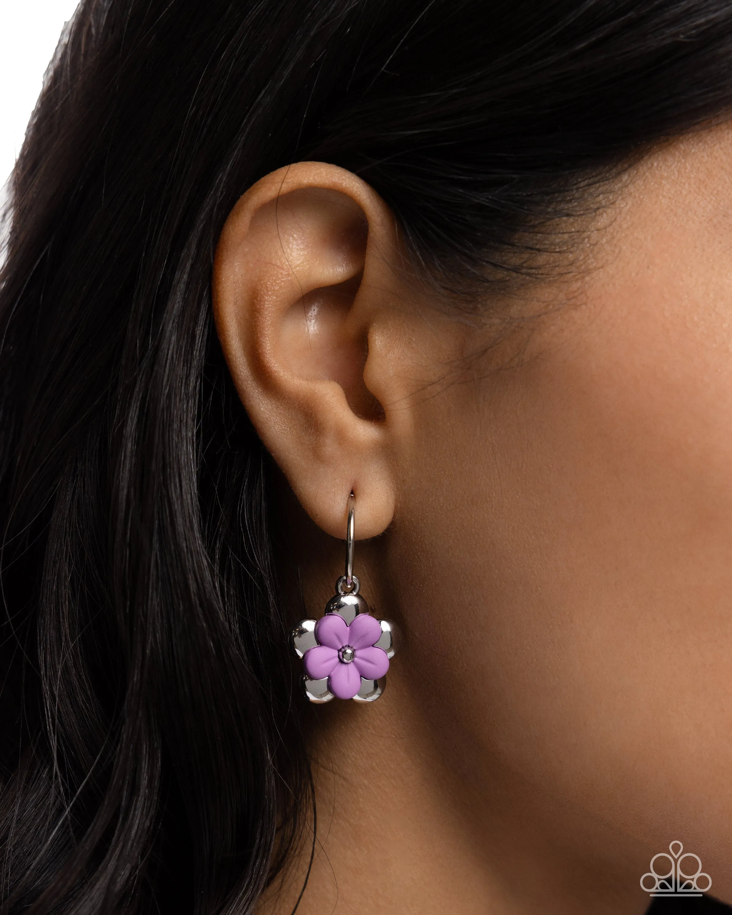 Horticultural Haute - Purple - Acrylic Flower Silver Paparazzi Drop Hoop Earrings