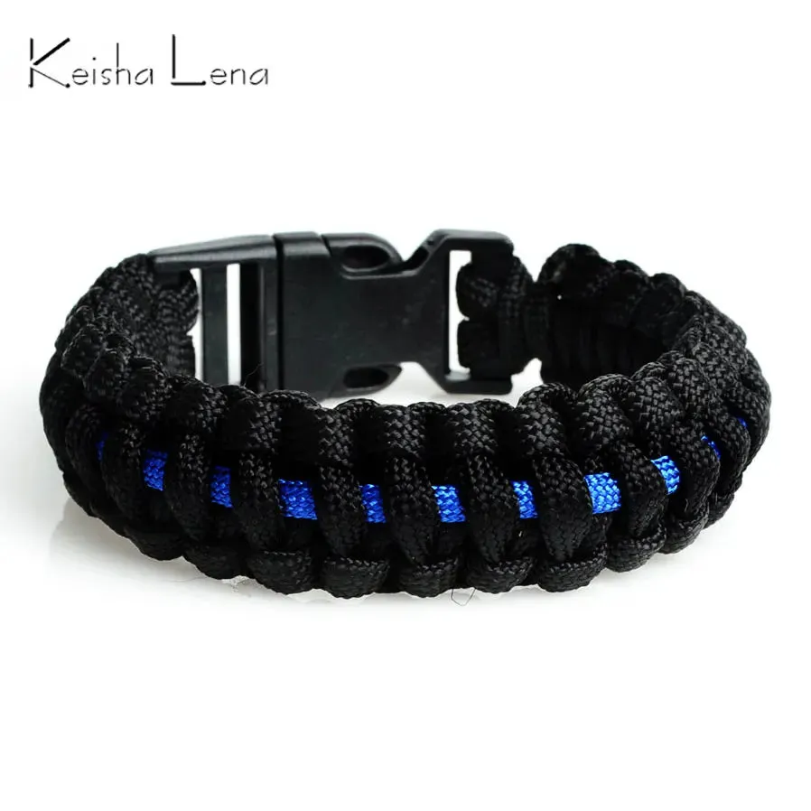 Keisha Lena Outdoor Travel Camping Thin Blue Line Black Braided Cobra Weave Plastic Buckle Paracord Survival Bracelet Police