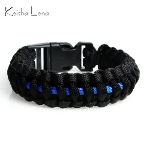 Keisha Lena Outdoor Travel Camping Thin Blue Line Black Braided Cobra Weave Plastic Buckle Paracord Survival Bracelet Police