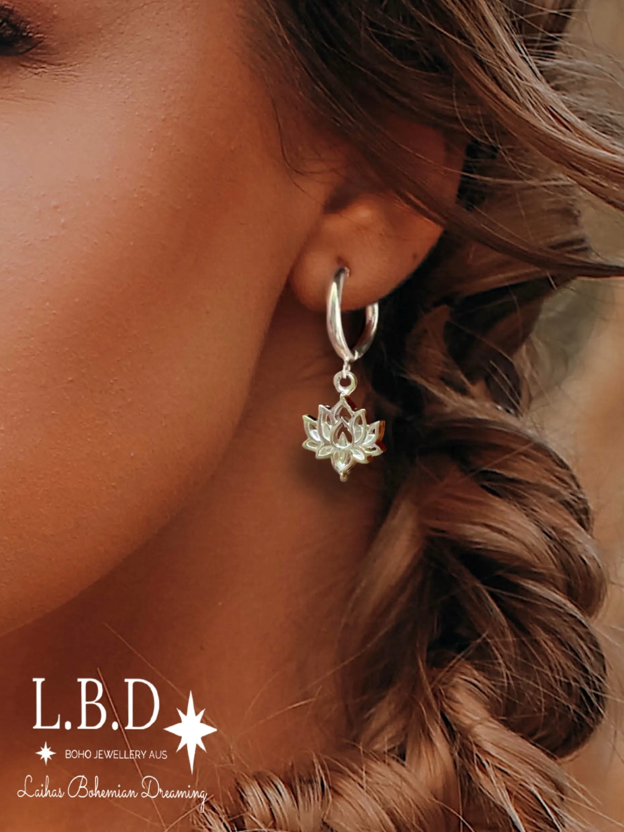 Laihas Boho Chic Lotus Flower Hoop Earrings- Sterling Silver