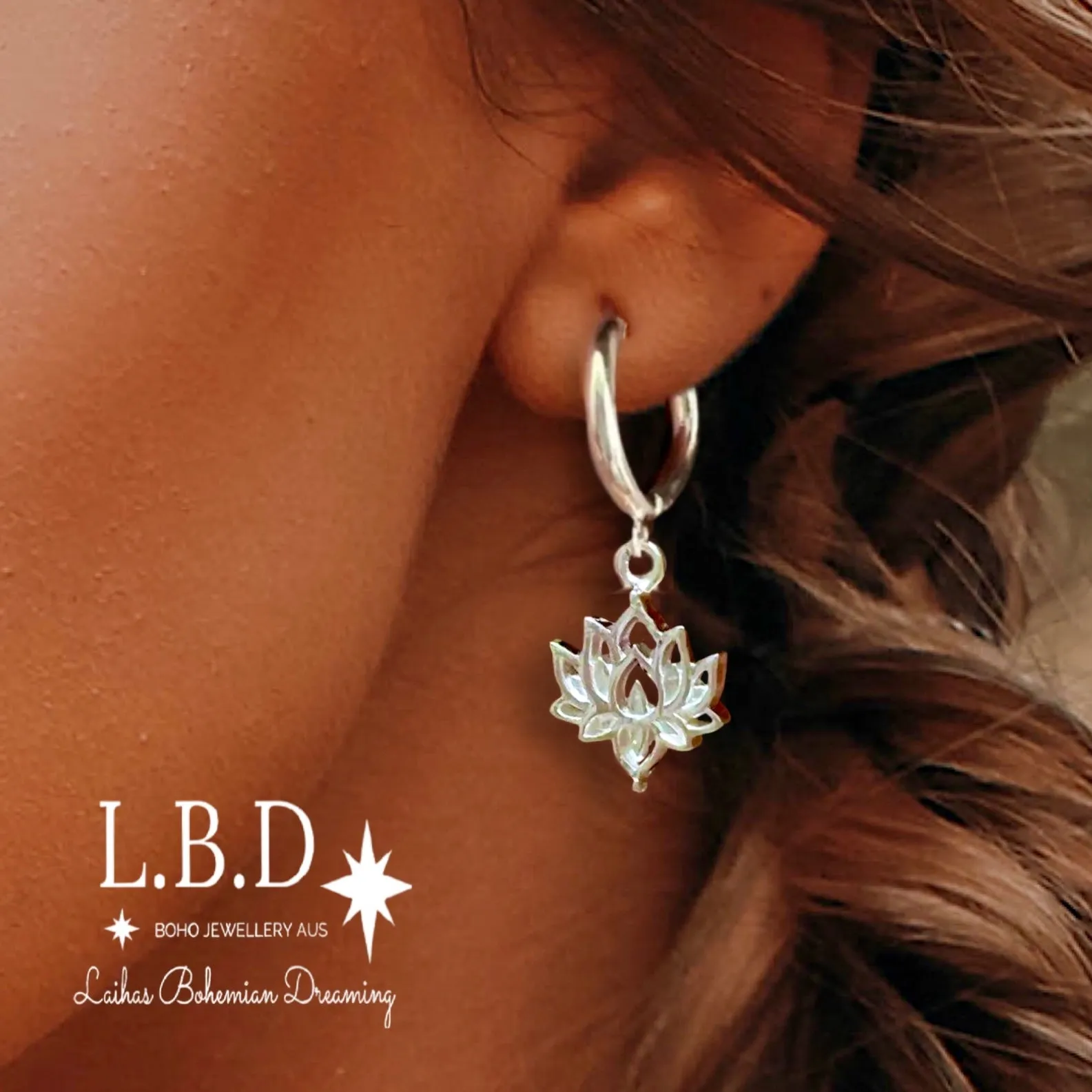 Laihas Boho Chic Lotus Flower Hoop Earrings- Sterling Silver