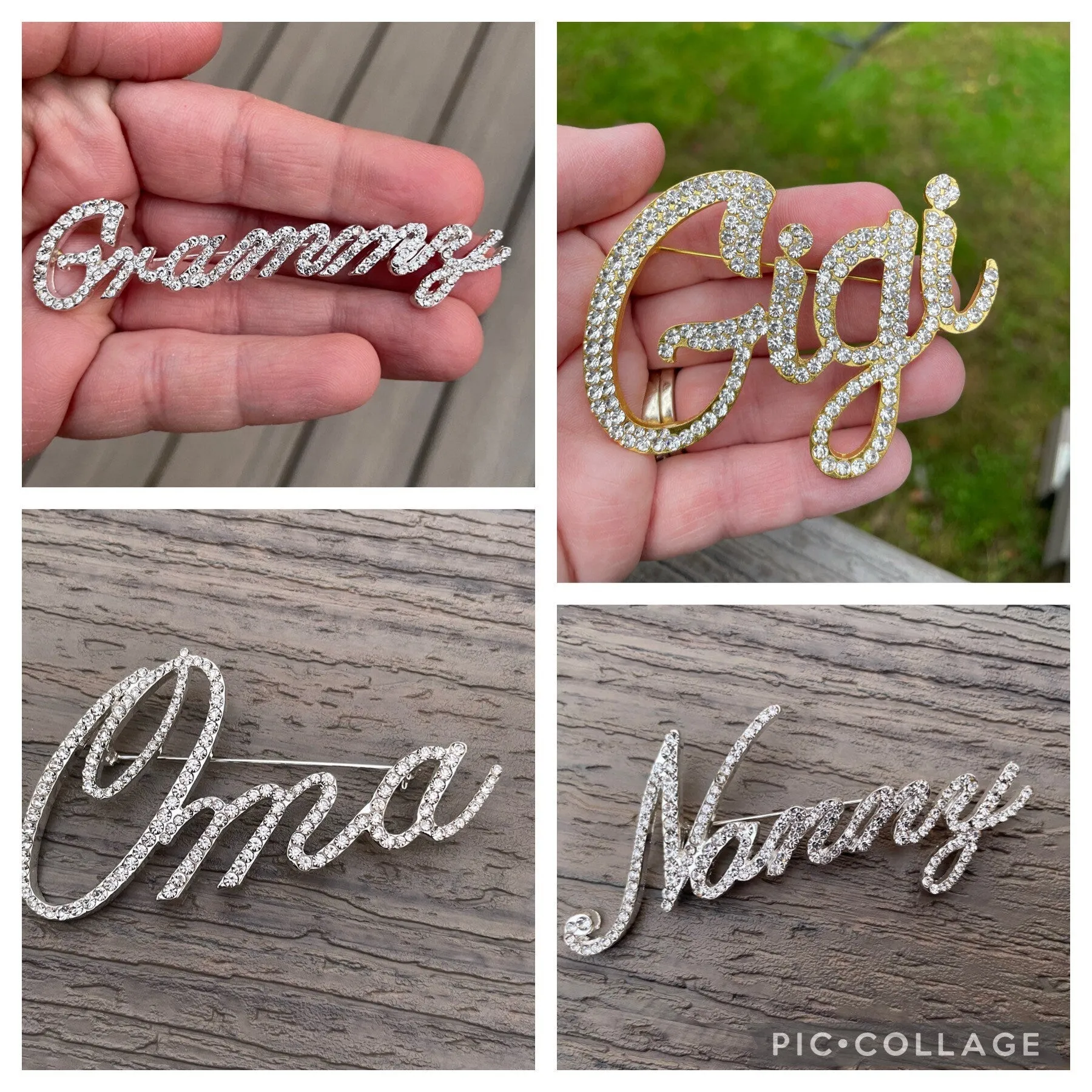 Large Custom script GG Great Grandma brooch rhinestone pin jewelry new with velvet pouch 2.5” x 3”
