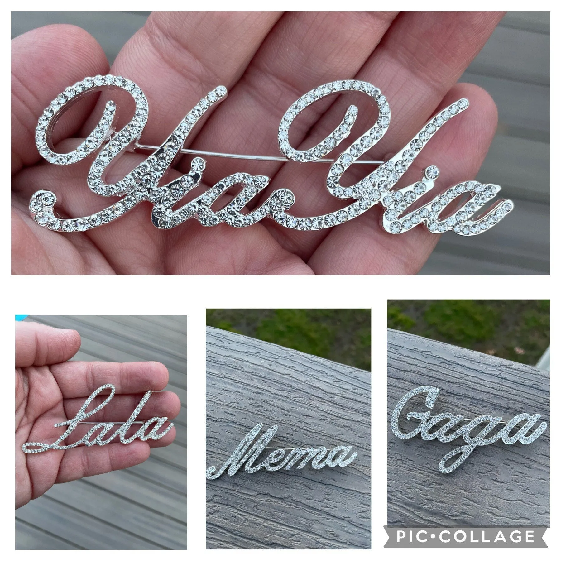 Large Custom script GG Great Grandma brooch rhinestone pin jewelry new with velvet pouch 2.5” x 3”