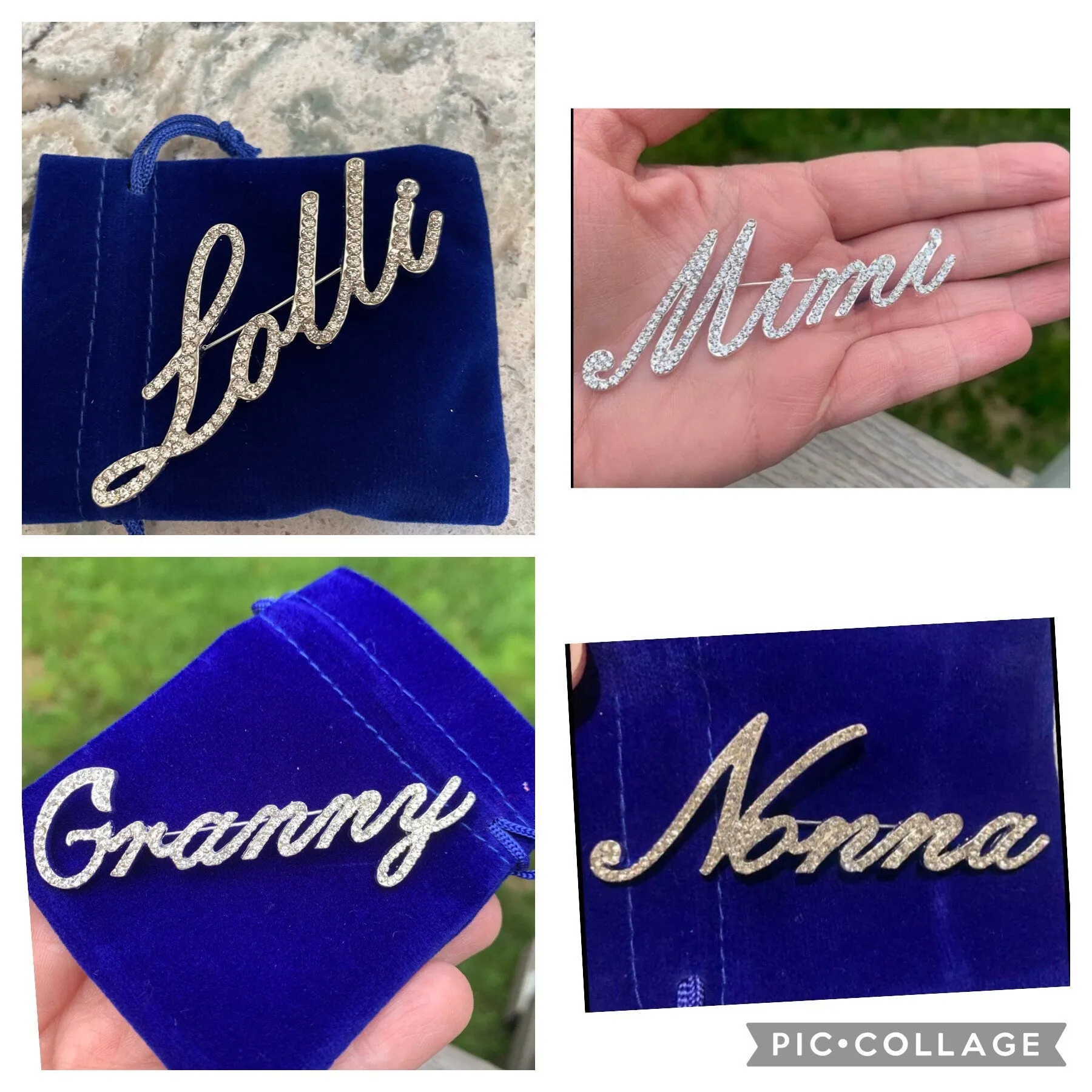 Large Custom script GG Great Grandma brooch rhinestone pin jewelry new with velvet pouch 2.5” x 3”