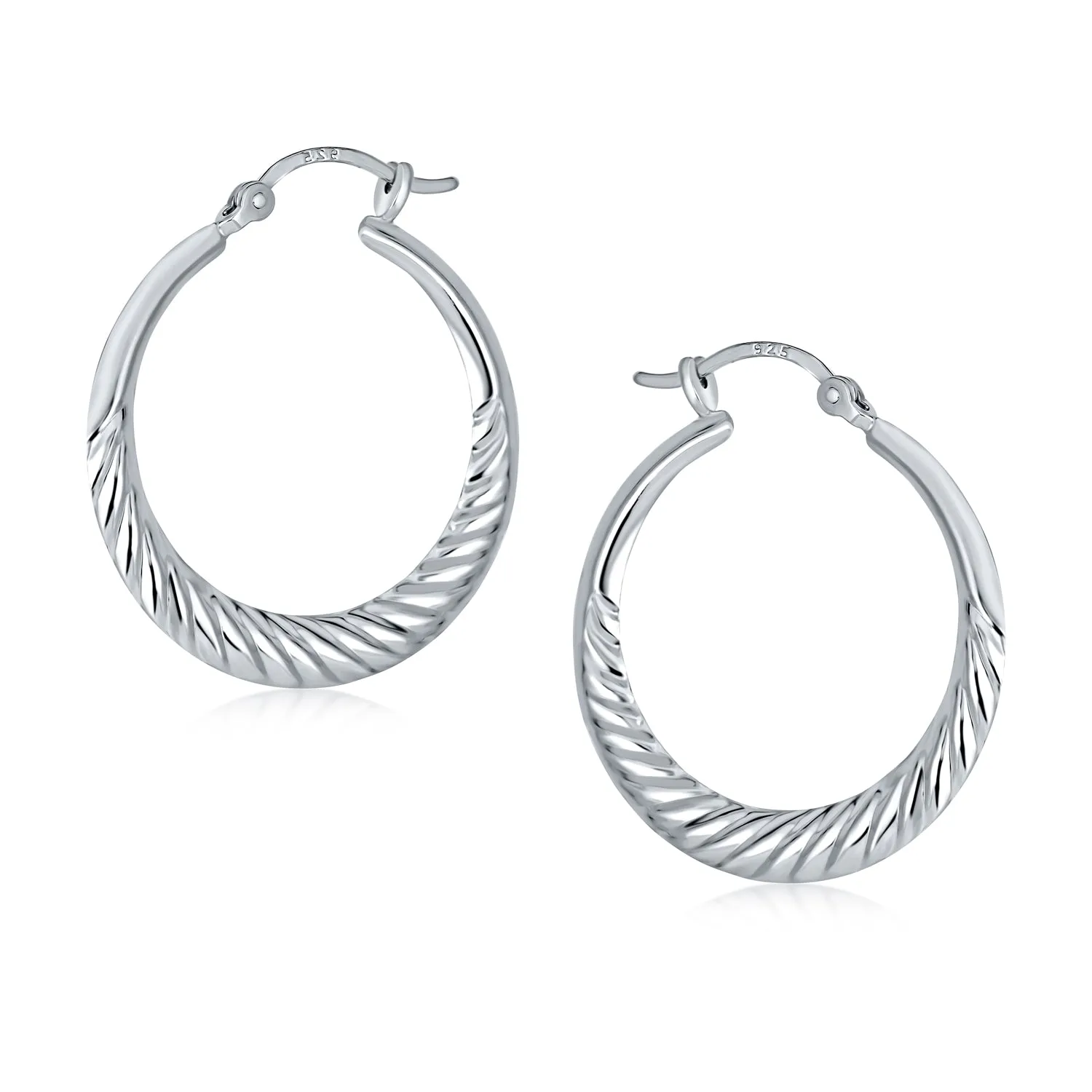 Lightweight Ribbed Shrimp Style Hoop Huggie Earrings Sterling Silver 1.25 Inch