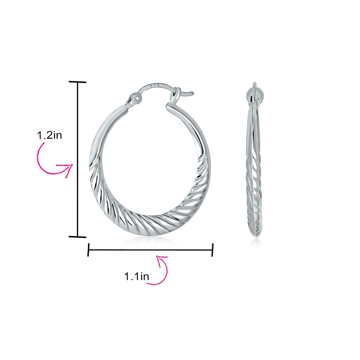 Lightweight Ribbed Shrimp Style Hoop Huggie Earrings Sterling Silver 1.25 Inch