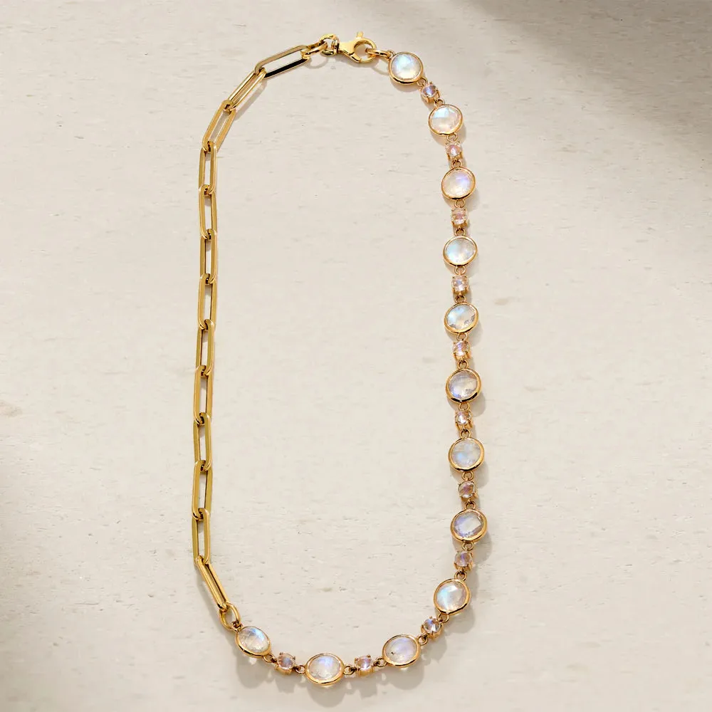 Mark Henry 18k Yellow Gold Half Moonstone and Half Paperclip Chain Necklace